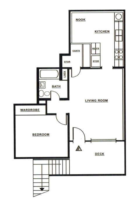 Floor plan for 1 bed, 1 bath, 621 sqft